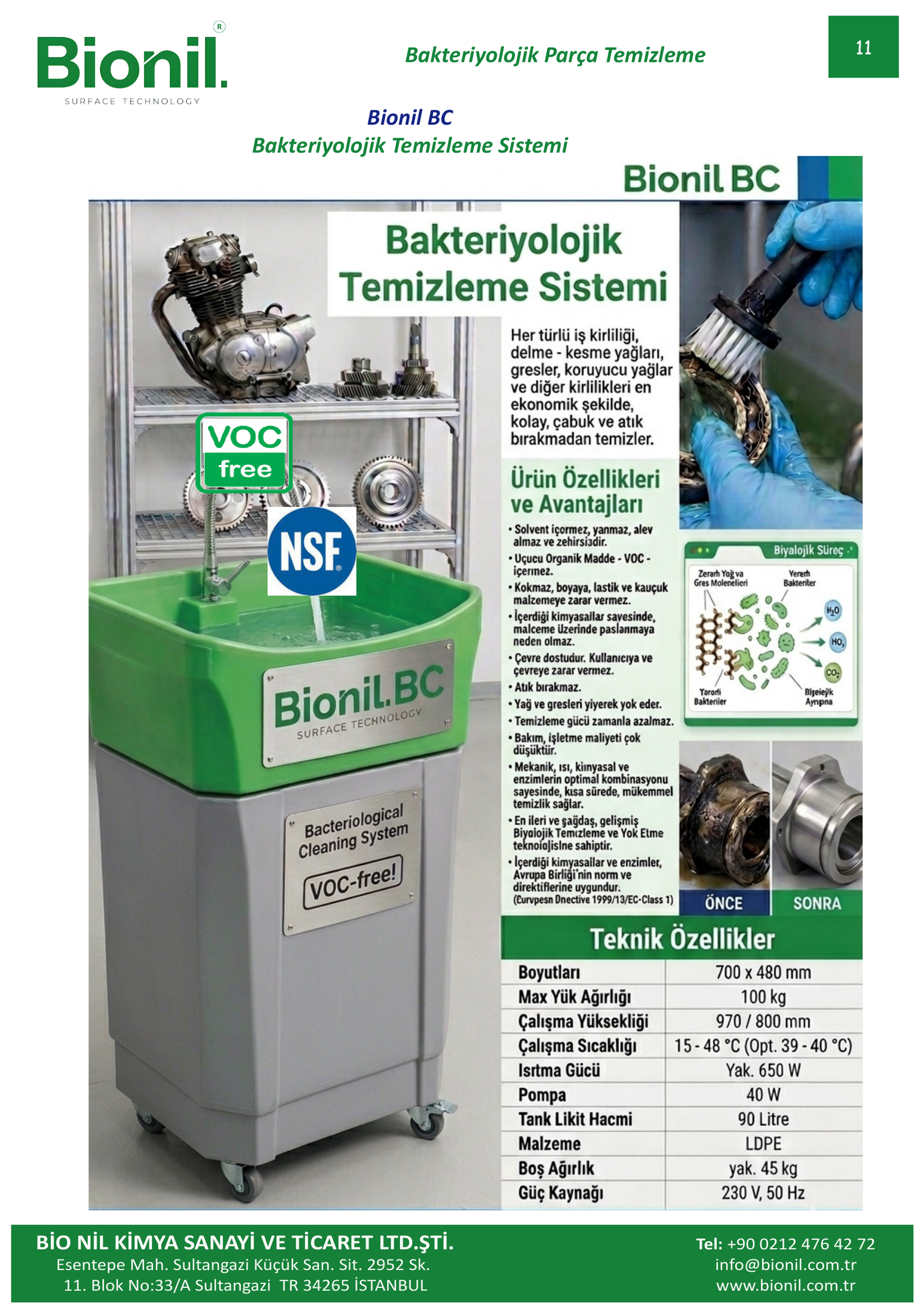 Bionil BC bakteriyolojik temizleme sistemi katalog sayfası